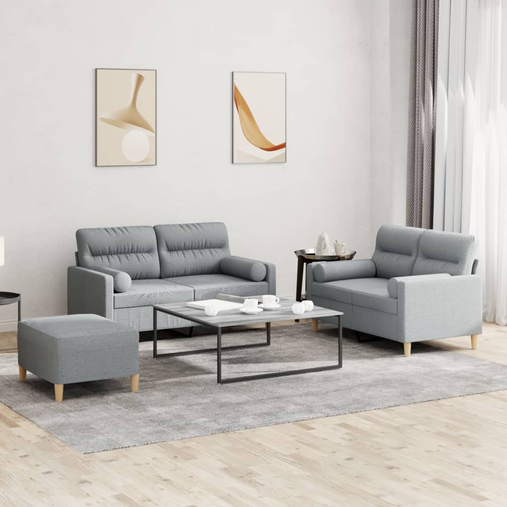 Set Divani 3 pz con Cuscini Grigio Chiaro in Tessuto | homemem39