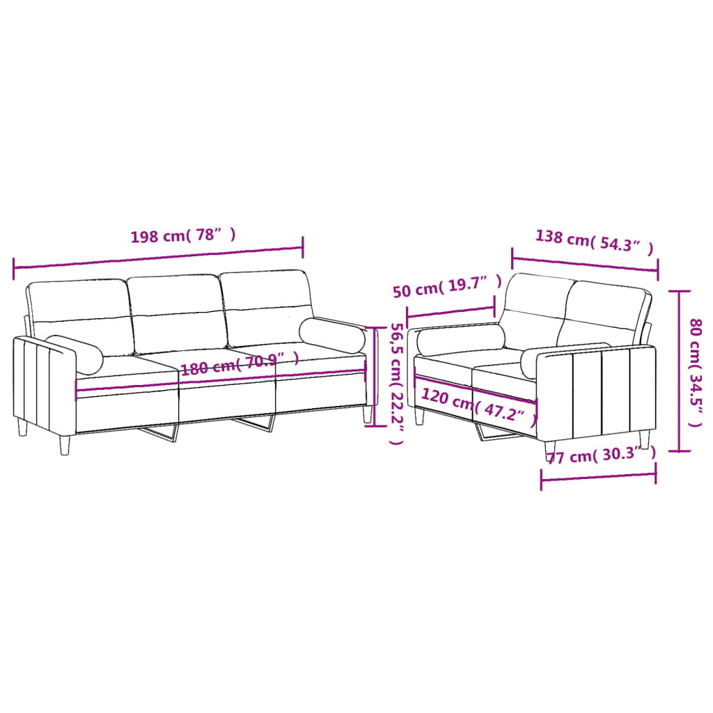 Set Divani 2 pz con Cuscini Grigio Chiaro in Tessuto