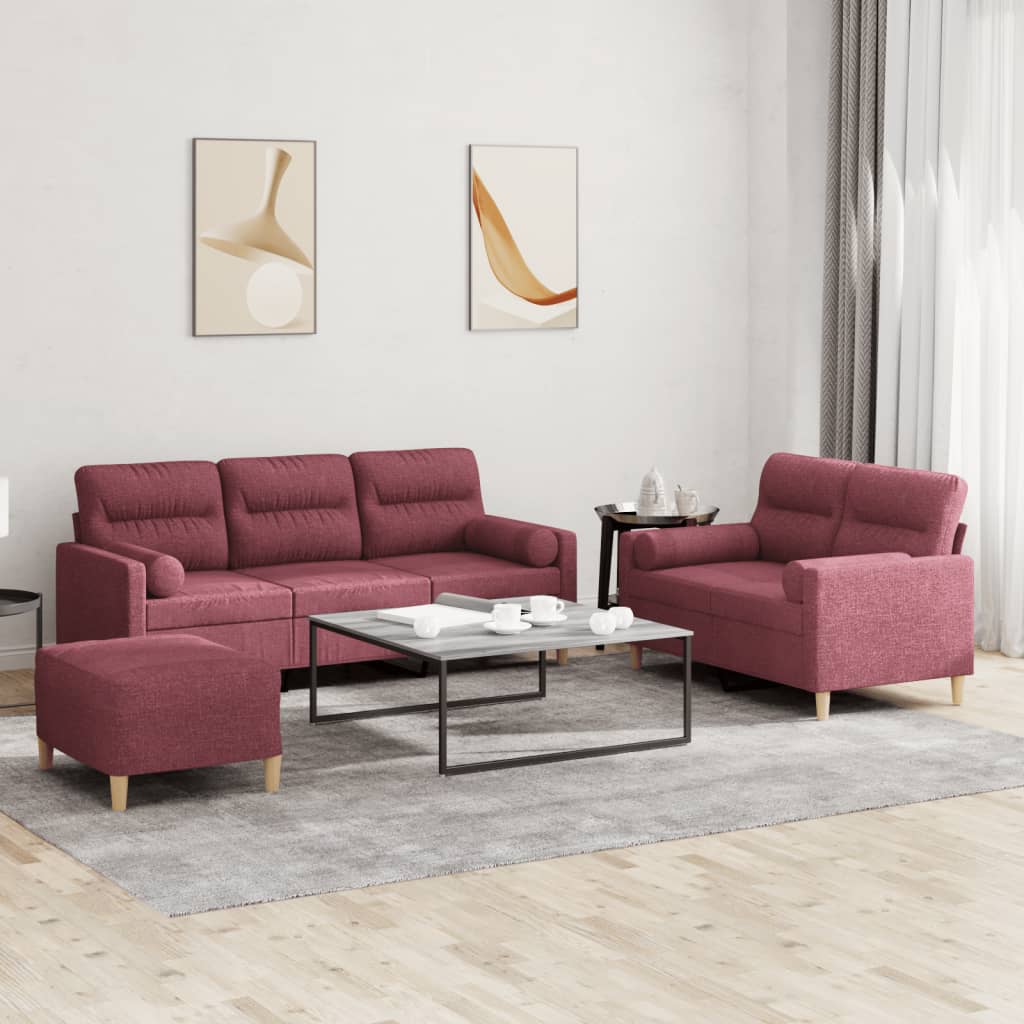 Set di Divani 3 pz con Cuscini Rosso Vino in Tessuto - homemem39