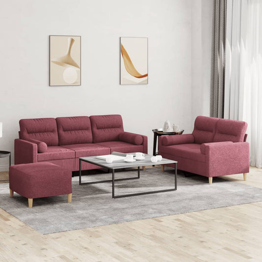 Set di Divani 3 pz con Cuscini Rosso Vino in Tessuto | homemem39