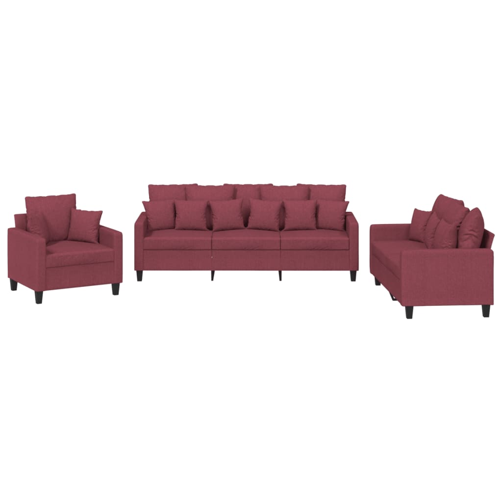 Set di Divani 3 pz con Cuscini Rosso Vino in Tessuto - homemem39