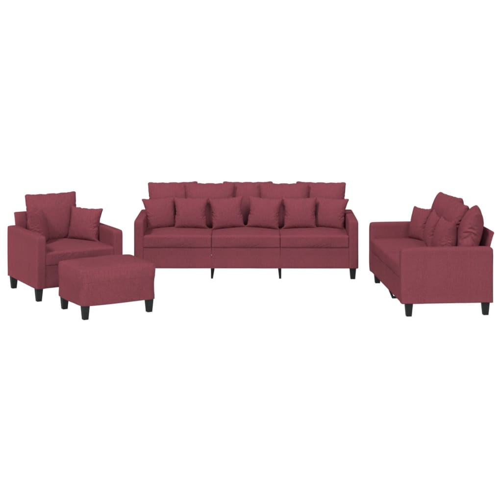 Set di Divani 4 pz con Cuscini Rosso Vino in Tessuto | homemem39
