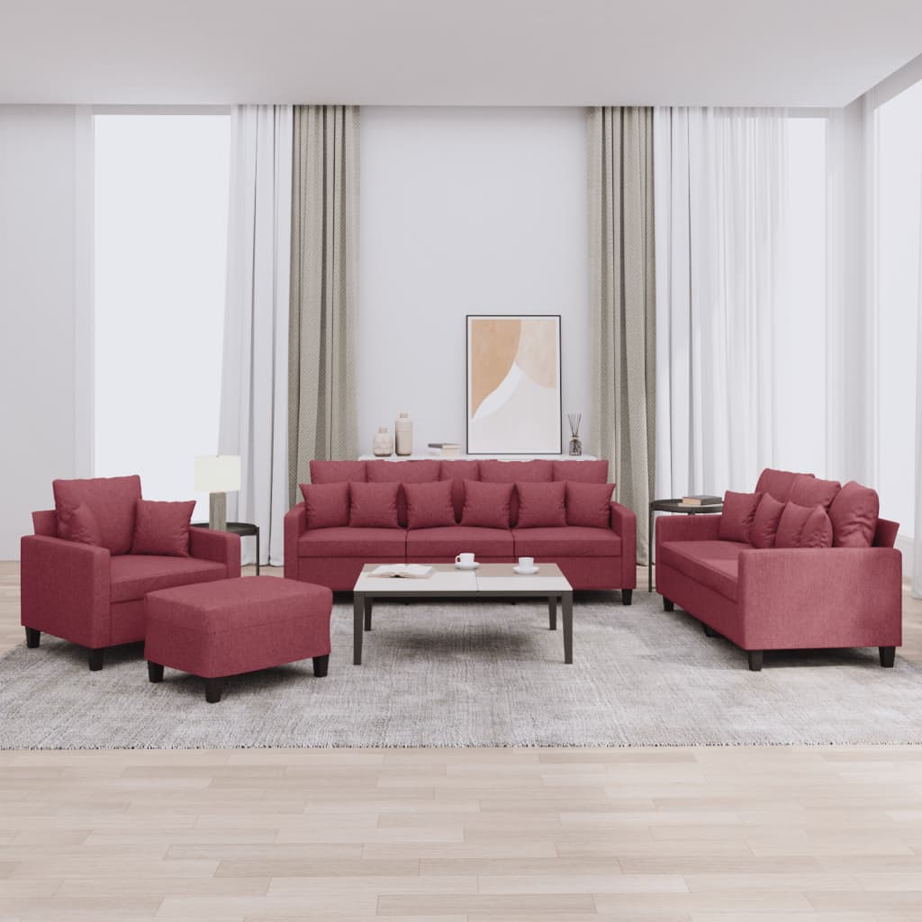 Set di Divani 4 pz con Cuscini Rosso Vino in Tessuto - homemem39