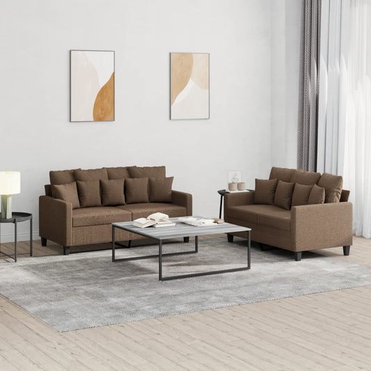 Set di Divani 2 pz con Cuscini Marrone in Tessuto