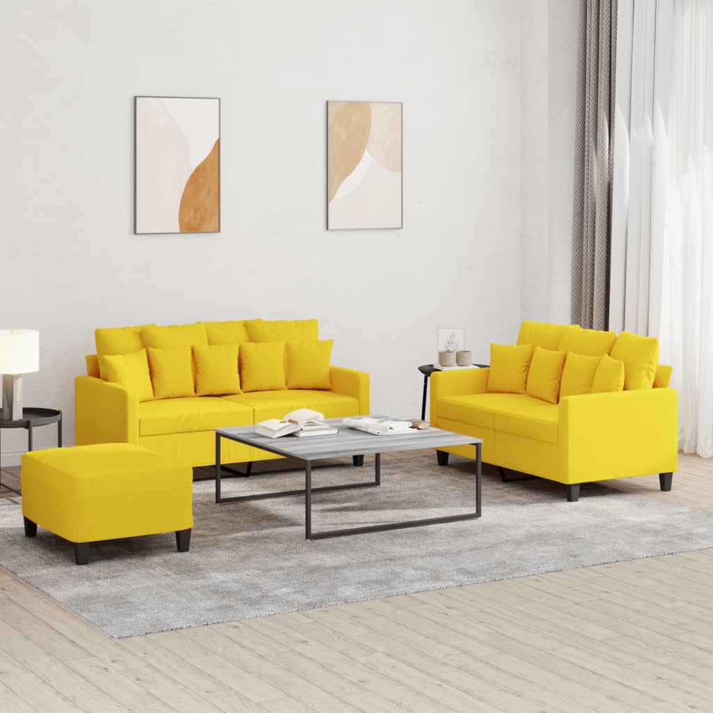 Set di Divani 3 pz con Cuscini Giallo Chiaro in Tessuto