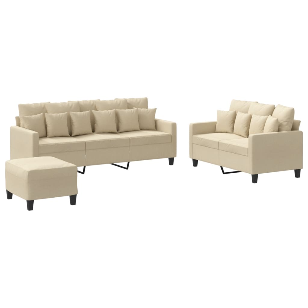 Set di Divani 3 pz con Cuscini Crema in Tessuto
