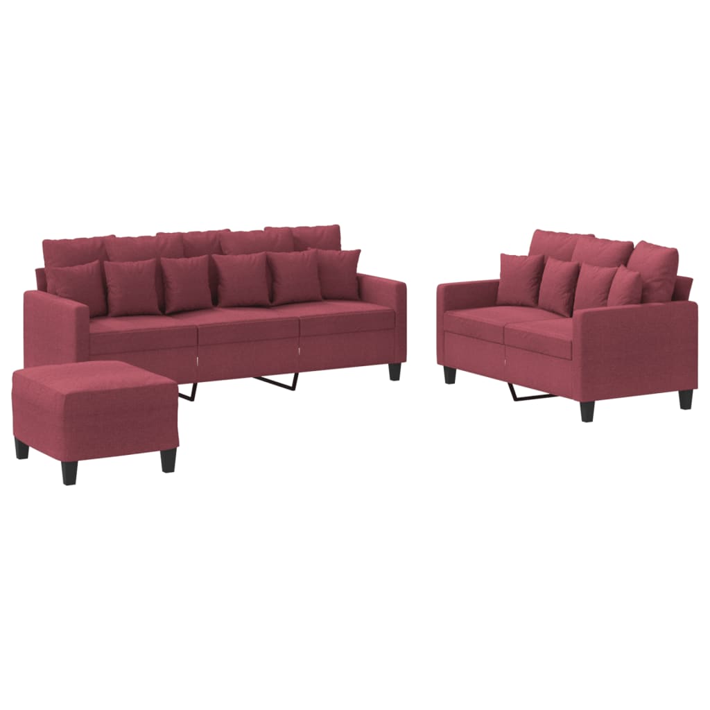 Set di Divani 3 pz con Cuscini Rosso Vino in Tessuto | homemem39