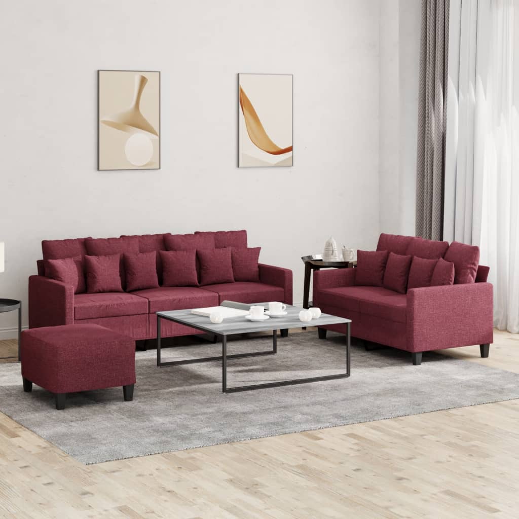 Set di Divani 3 pz con Cuscini Rosso Vino in Tessuto | homemem39