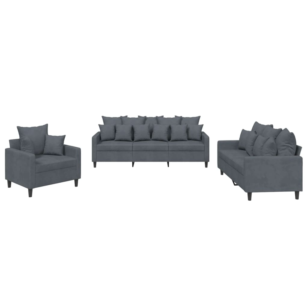 Set di Divani 3 pz con Cuscini Grigio Scuro in Velluto - homemem39