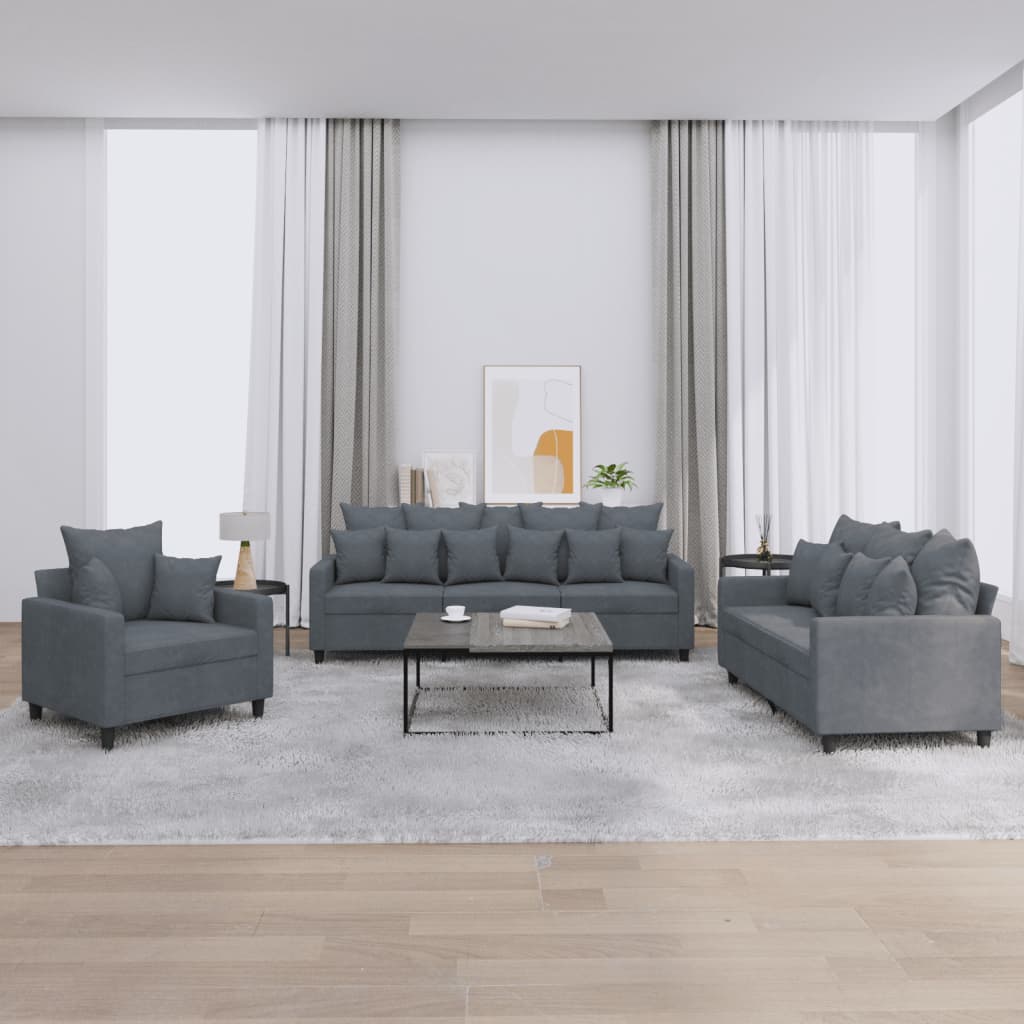 Set di Divani 3 pz con Cuscini Grigio Scuro in Velluto