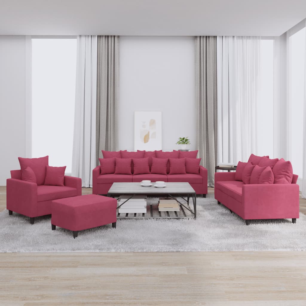 Set di Divani 4 pz con Cuscini Rosso Vino in Velluto