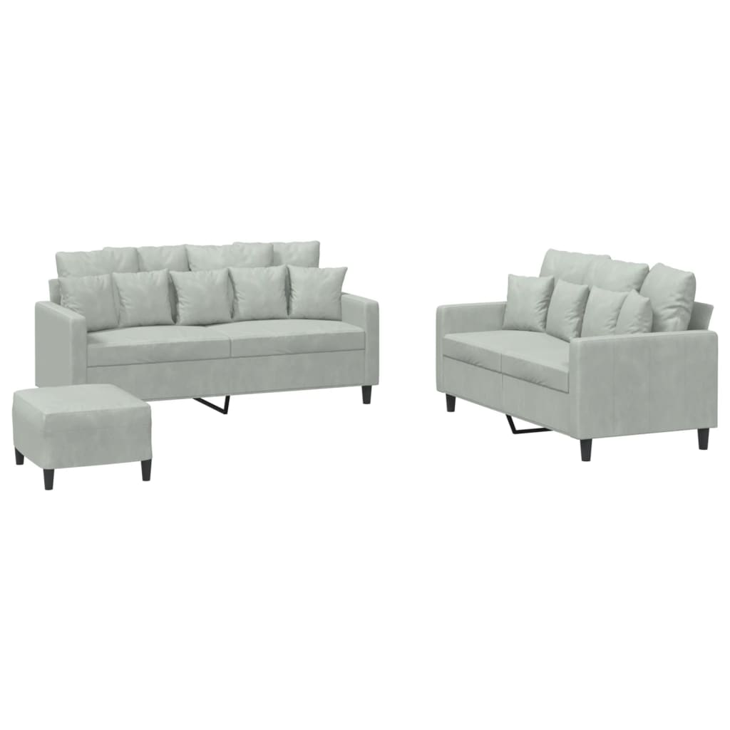 Set di Divani 3 pz con Cuscini Grigio Chiaro in Velluto - homemem39