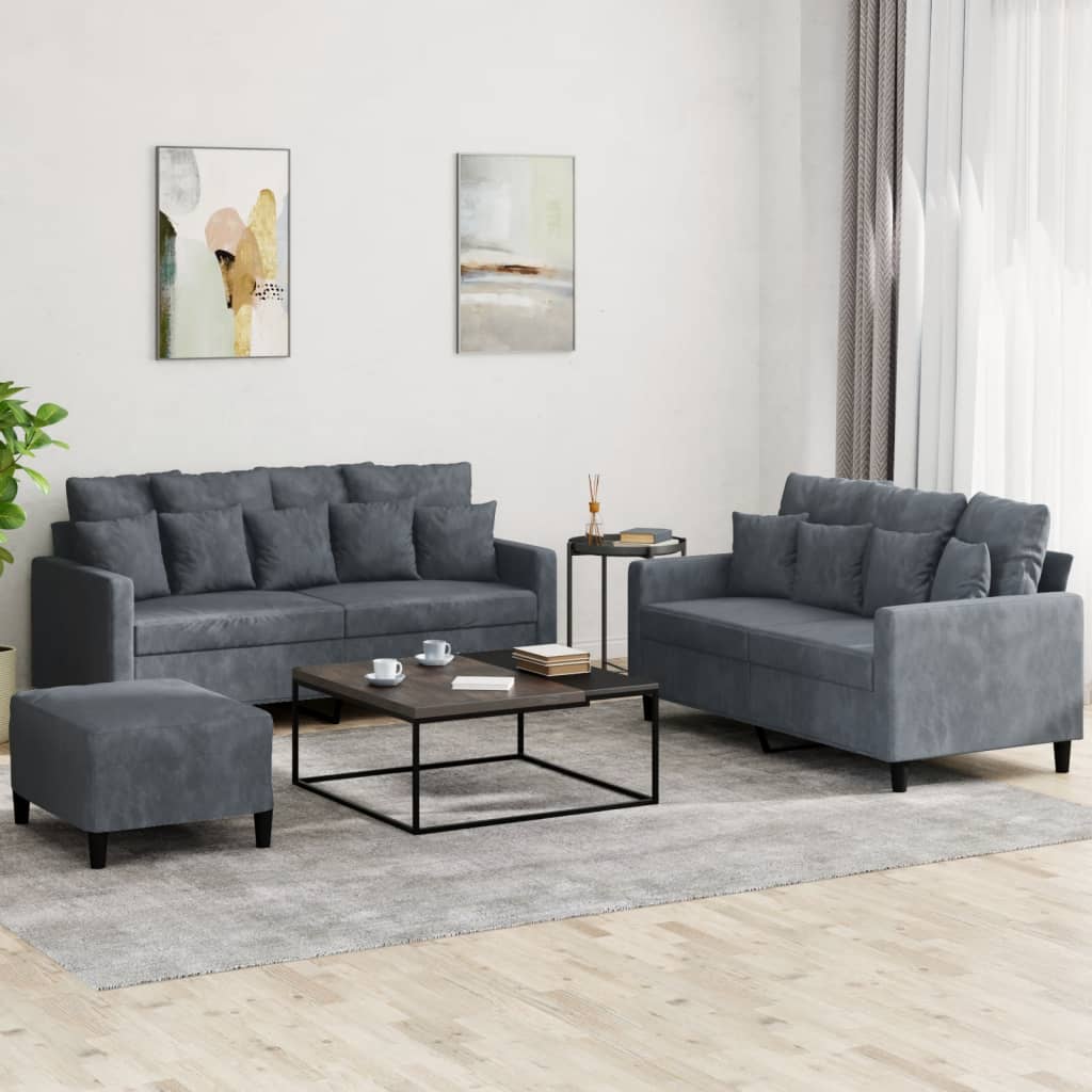 Set di Divani 3 pz con Cuscini Grigio Scuro in Velluto - homemem39