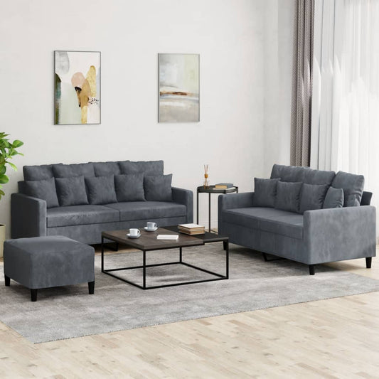 Set di Divani 3 pz con Cuscini Grigio Scuro in Velluto - homemem39