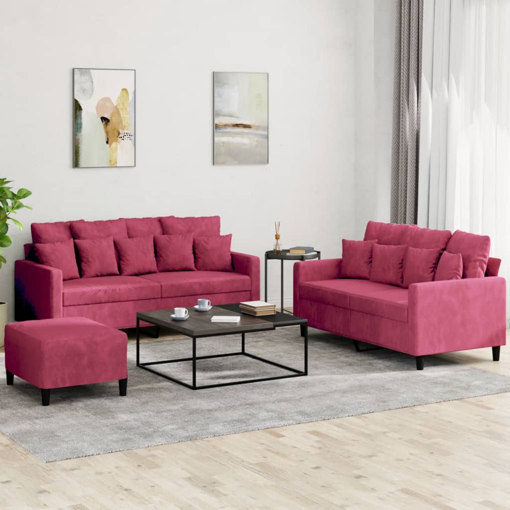Set di Divani 3 pz con Cuscini Rosso Vino in Velluto