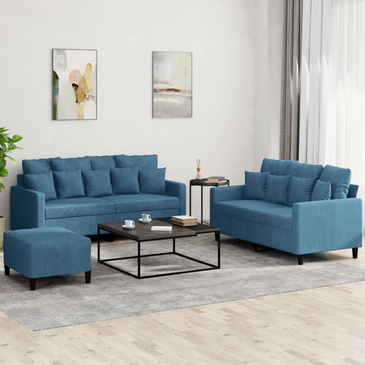 Set di Divani 3 pz con Cuscini Blu in Velluto