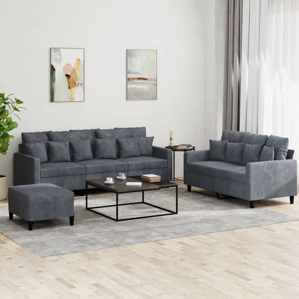 Set di Divani 3 pz con Cuscini Grigio Scuro in Velluto - homemem39