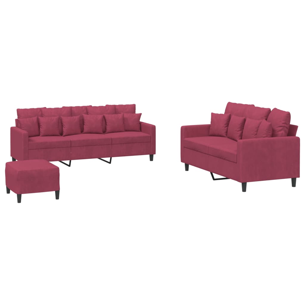 Set di Divani 3 pz con Cuscini Rosso Vino in Velluto - homemem39