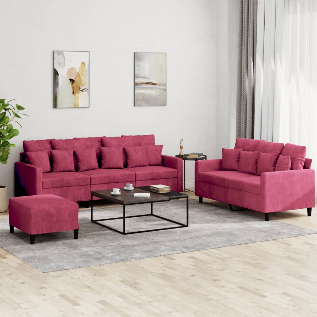 Set di Divani 3 pz con Cuscini Rosso Vino in Velluto - homemem39