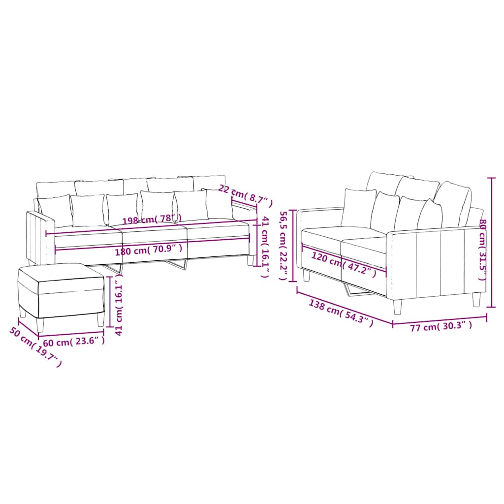 Set di Divani 3 pz con Cuscini Crema in Velluto