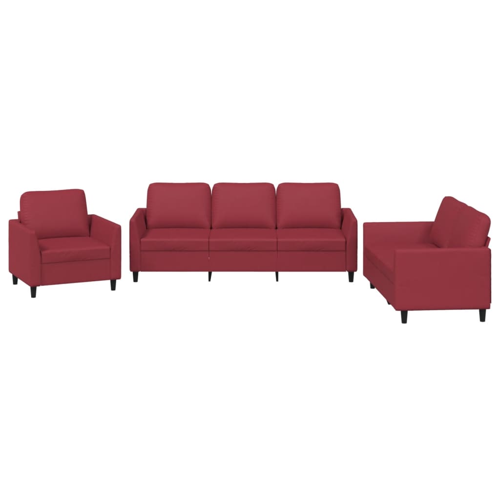 Set di Divani 3 pz con Cuscini Rosso Vino in Similpelle