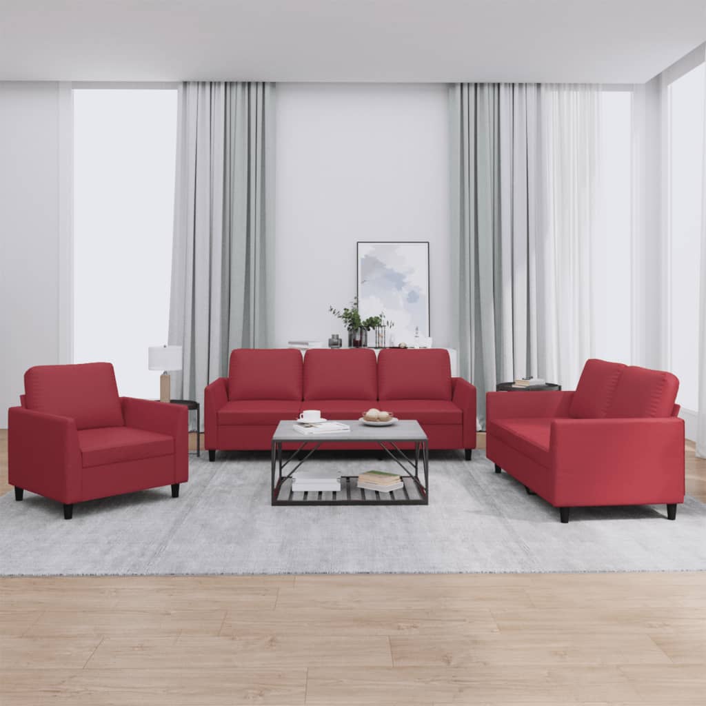 Set di Divani 3 pz con Cuscini Rosso Vino in Similpelle