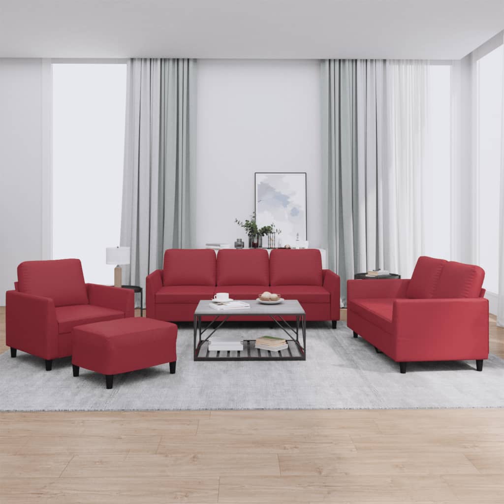 Set di Divani 4 pz con Cuscini Rosso Vino in Similpelle