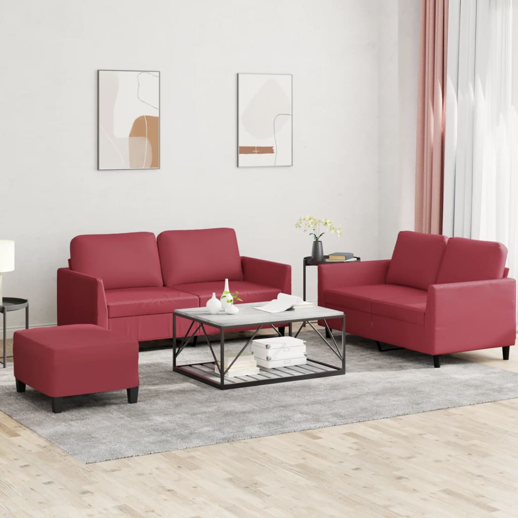 Set di Divani 3 pz con Cuscini Rosso Vino in Similpelle