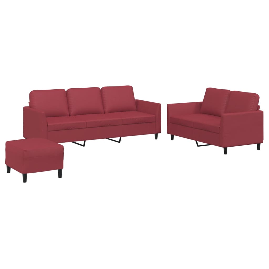 Set di Divani 3 pz con Cuscini Rosso Vino in Similpelle