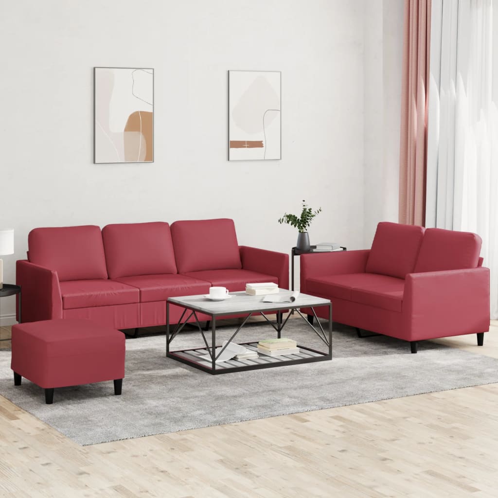 Set di Divani 3 pz con Cuscini Rosso Vino in Similpelle