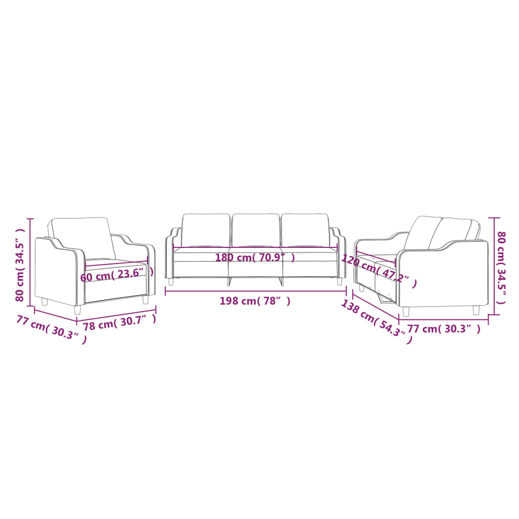 3-piece Sofa Set with Light Gray Fabric Cushions