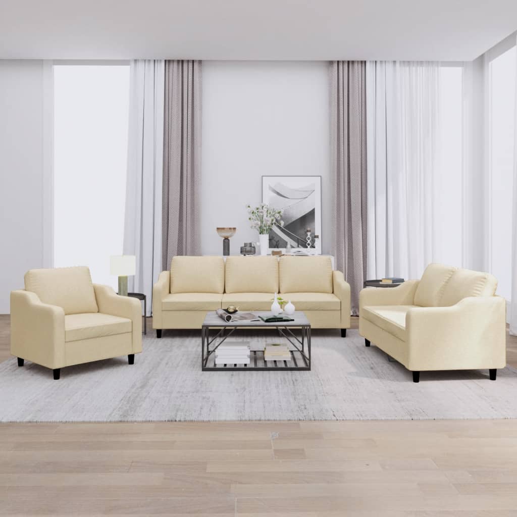 Set di Divani 3 pz con Cuscini Crema in Tessuto | homemem39