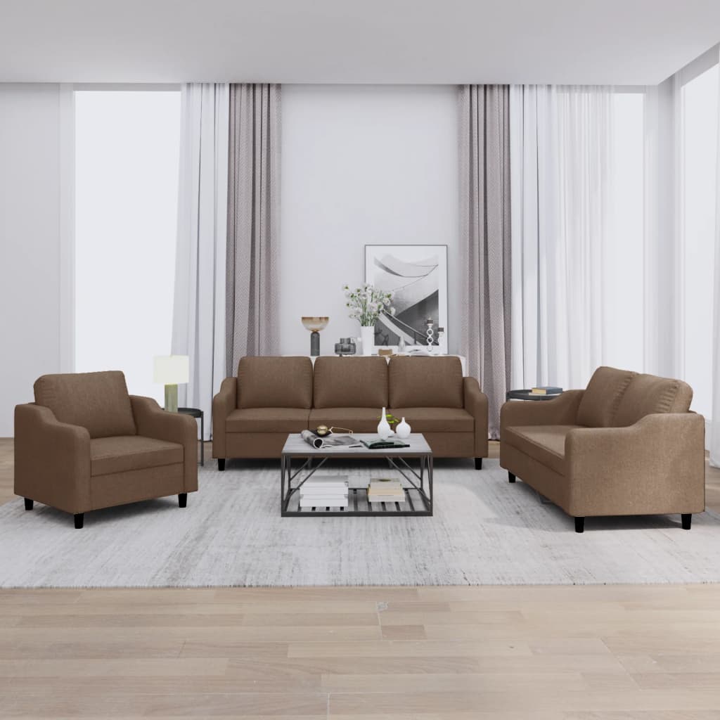 Set di Divani 3 pz con Cuscini Marrone in Tessuto | homemem39