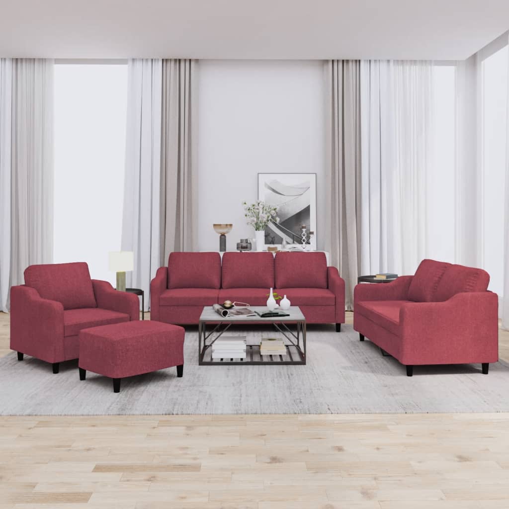 Set di Divani 4 pz con Cuscini Rosso Vino in Tessuto | homemem39