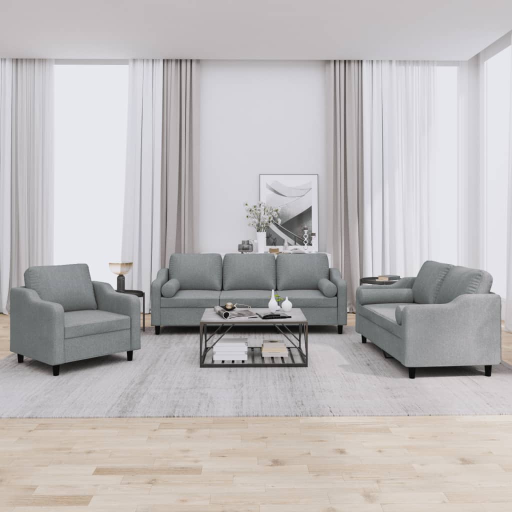 Set Divani 3 pz con Cuscini Grigio Chiaro in Tessuto | homemem39