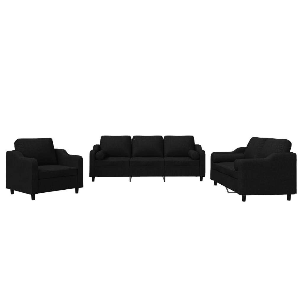 Set Divani 3 pz con Cuscini Nero in Tessuto | homemem39