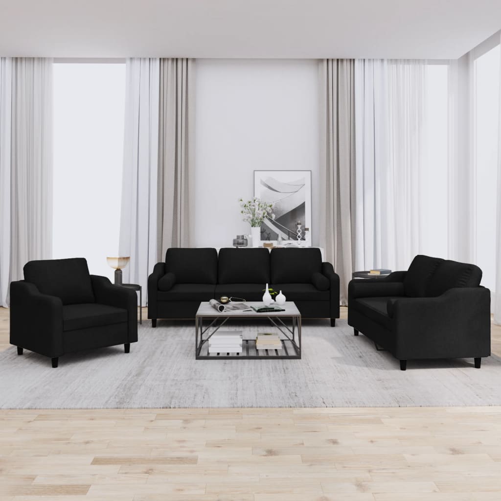 Set Divani 3 pz con Cuscini Nero in Tessuto | homemem39