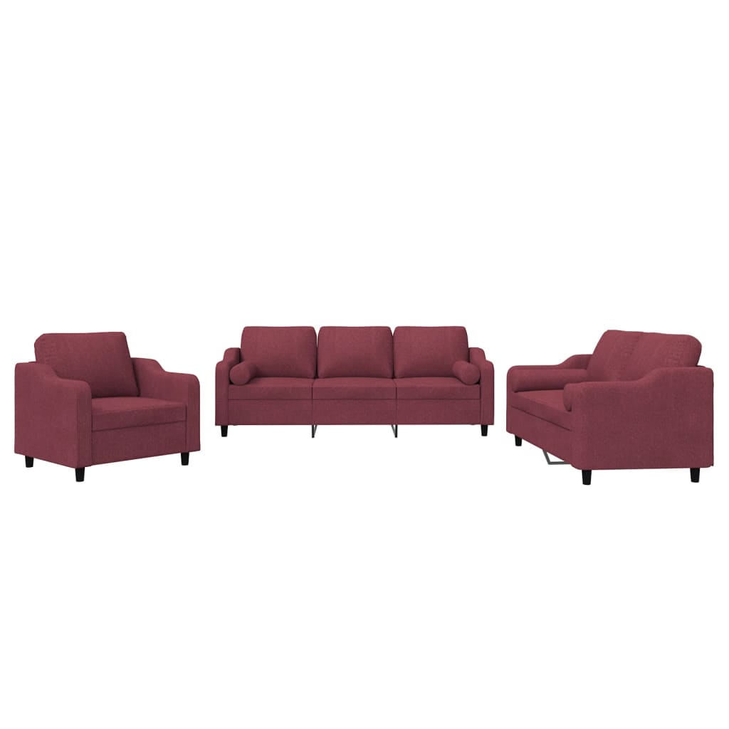 Set di Divani 3 pz con Cuscini Rosso Vino in Tessuto - homemem39
