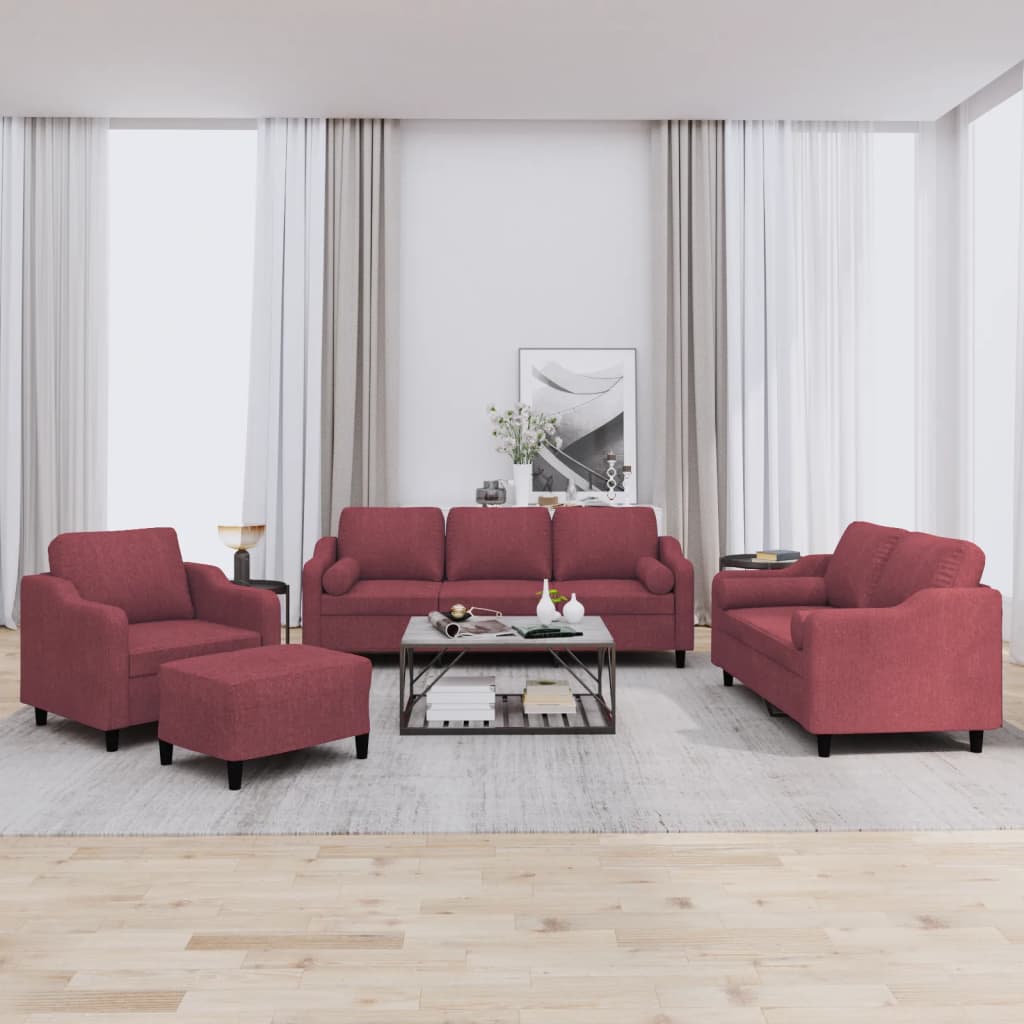 Set di Divani 4 pz con Cuscini Rosso Vino in Tessuto - homemem39