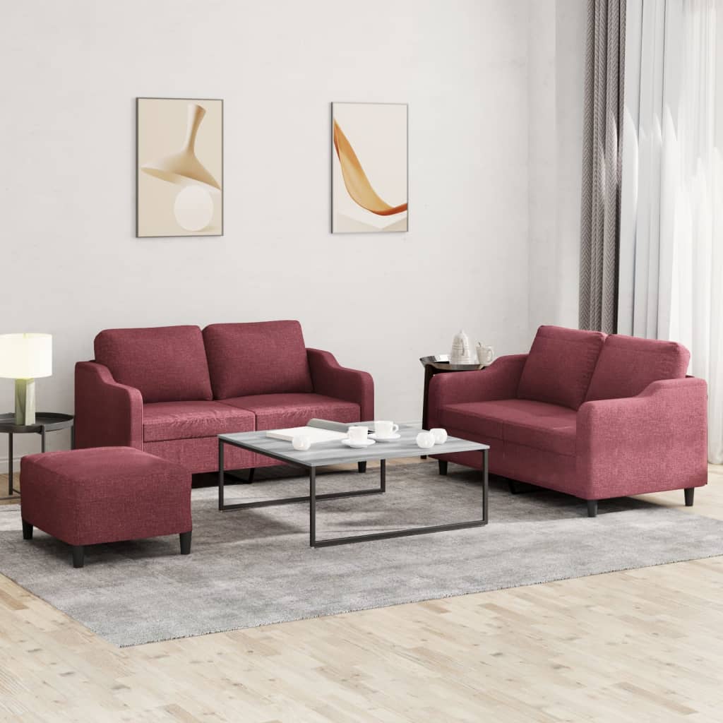 Set di Divani 3 pz con Cuscini Rosso Vino in Tessuto - homemem39