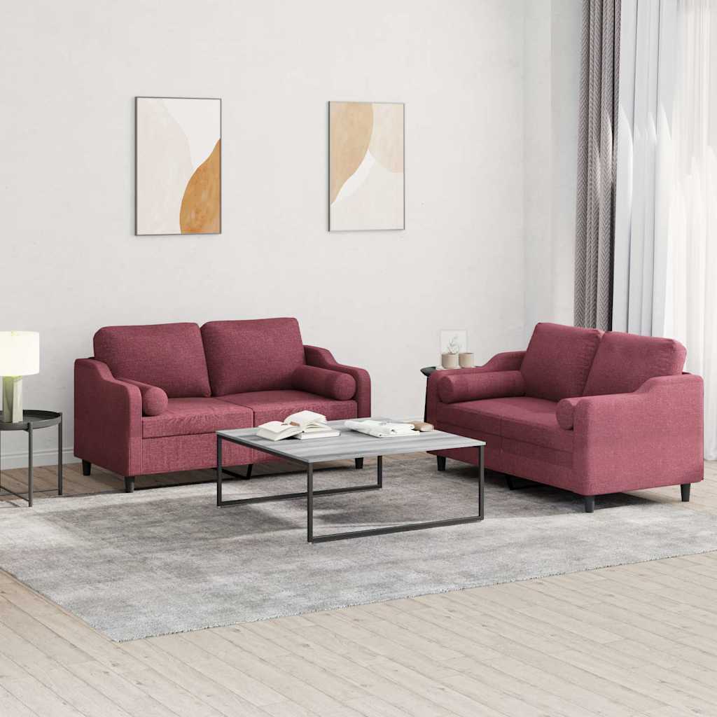Set di Divani 2 pz con Cuscini Rosso Vino in Tessuto - homemem39