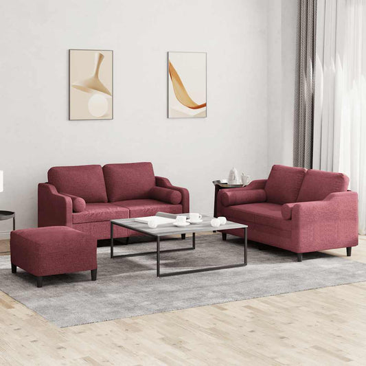 Set di Divani 3 pz con Cuscini Rosso Vino in Tessuto | homemem39