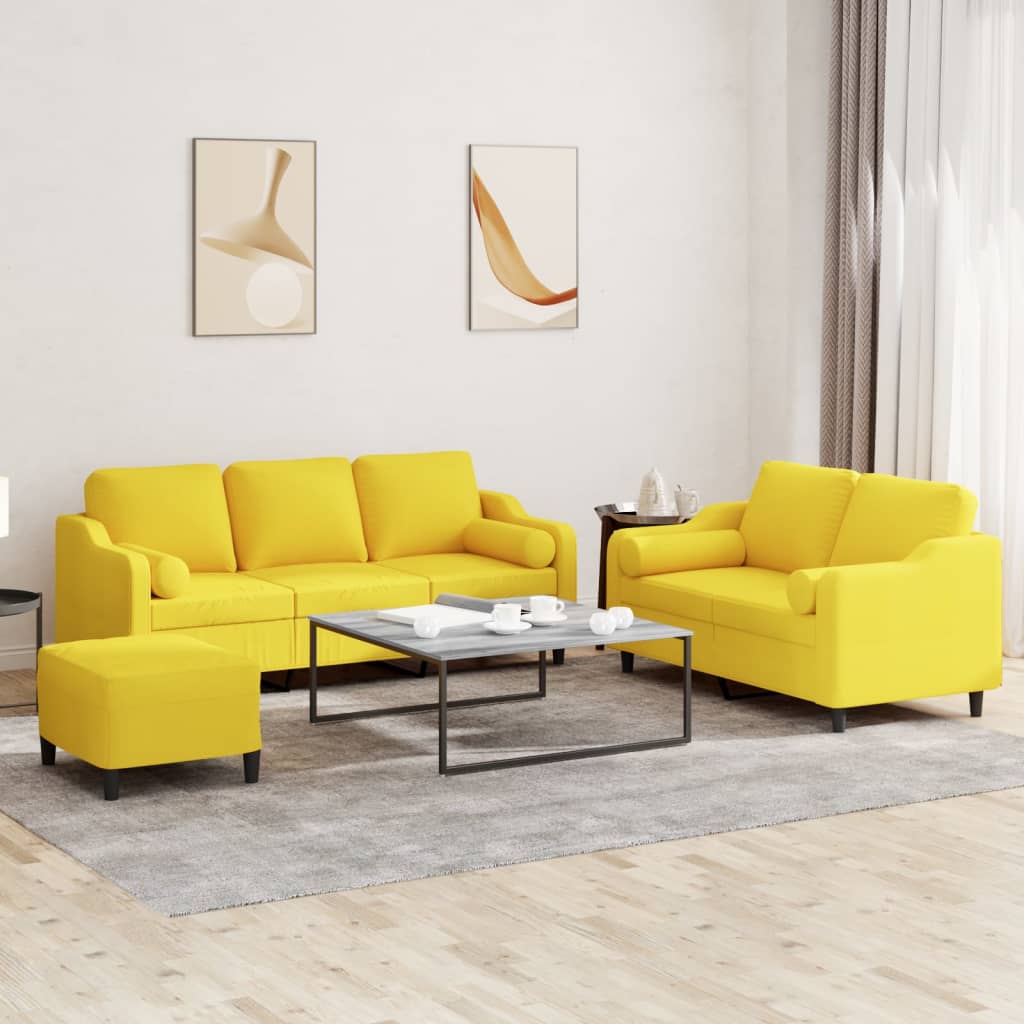 Set di Divani 3 pz con Cuscini Giallo Chiaro in Tessuto