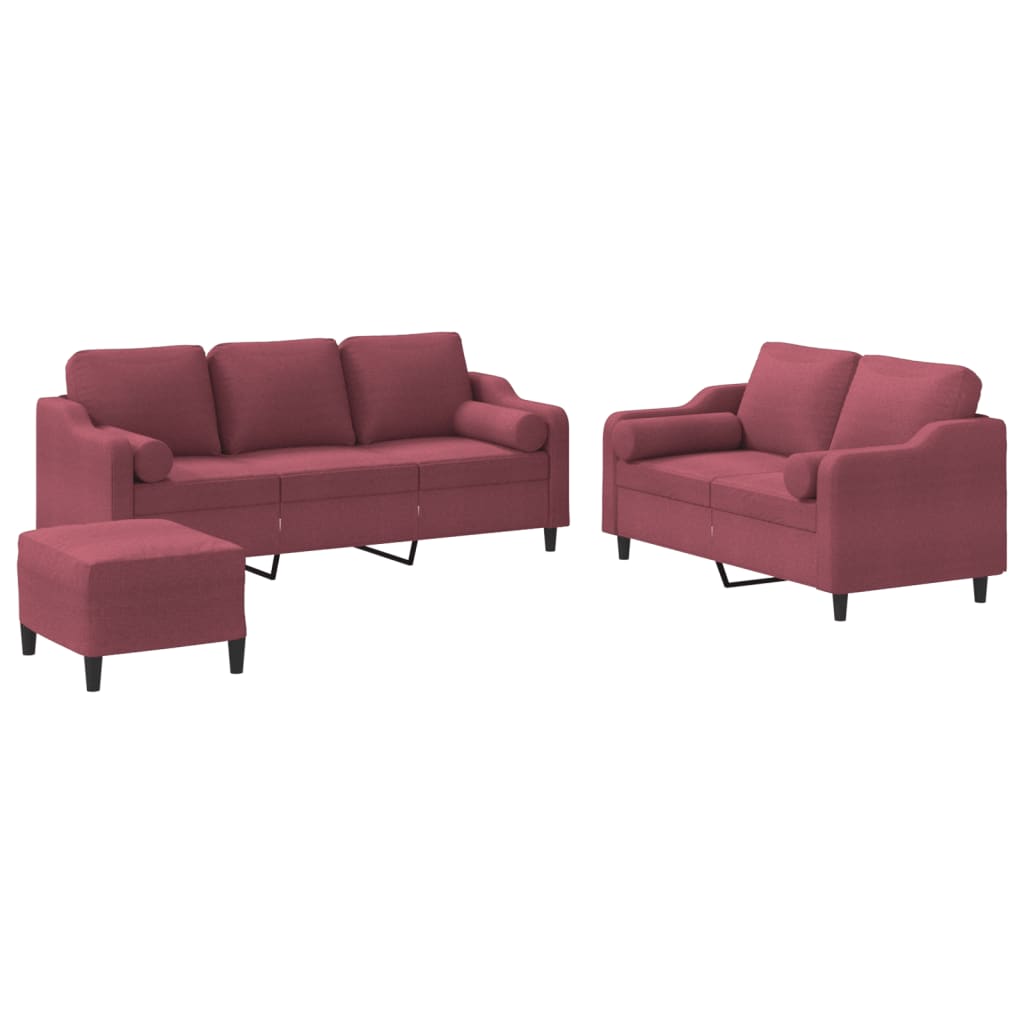 Set di Divani 3 pz con Cuscini Rosso Vino in Tessuto - homemem39