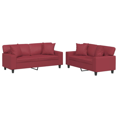 Set di Divani 2 pz con Cuscini Rosso Vino in Similpelle