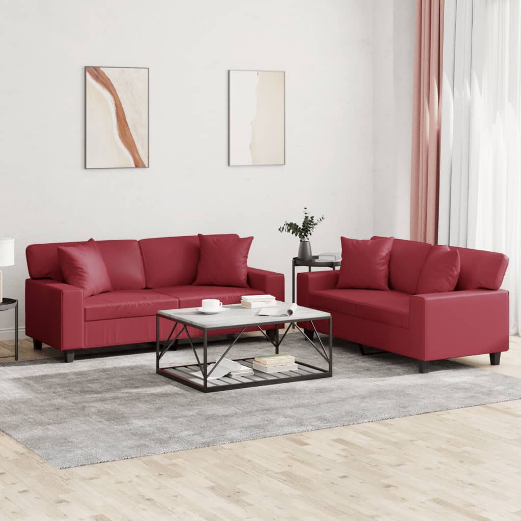 Set di Divani 2 pz con Cuscini Rosso Vino in Similpelle