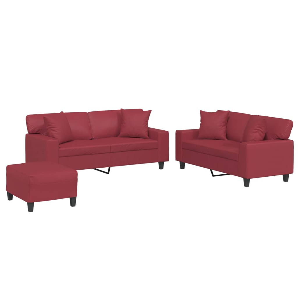 Set di Divani 3 pz con Cuscini Rosso Vino in Similpelle