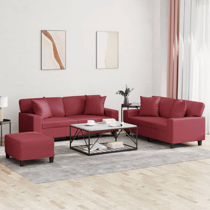 Set di Divani 3 pz con Cuscini Rosso Vino in Similpelle