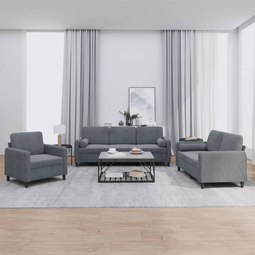 Set di Divani 3 pz con Cuscini Grigio Scuro in Velluto - homemem39