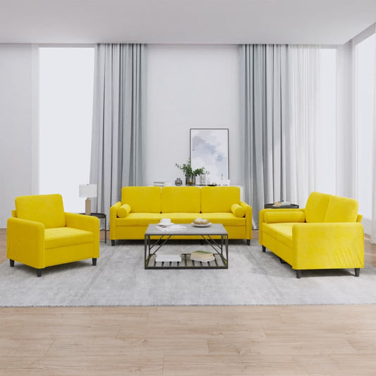 Set di Divani 3 pz con Cuscini Giallo in Velluto